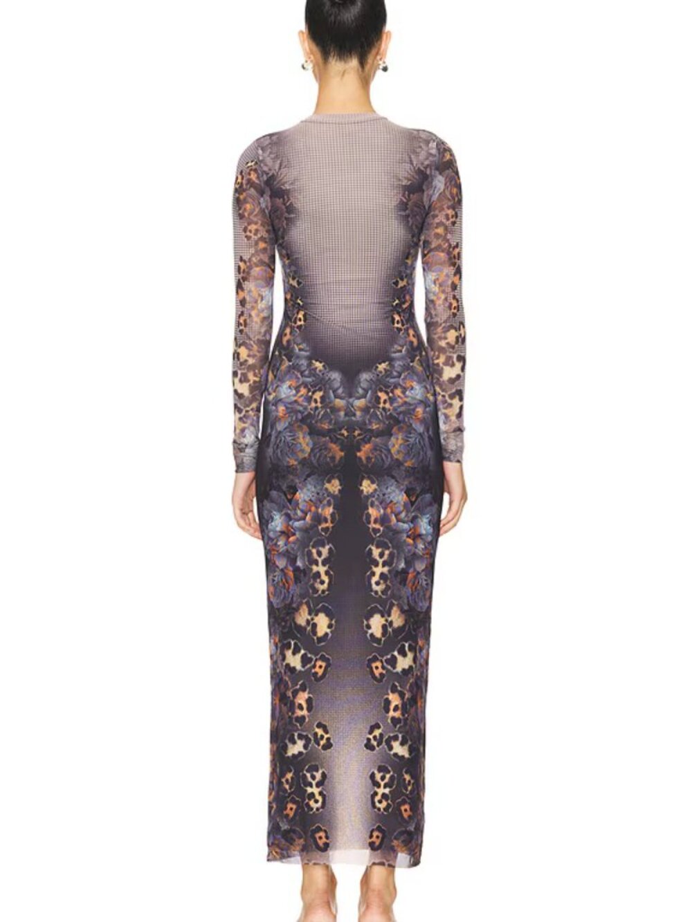 AFRM Didi Long-Sleeve Floral Mesh Maxi Dress Nude Leopard Bodycon  Size XS - Picture 3 of 4